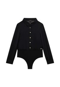Langærmet sort bodysuit med krave-skjorte design, featuring knaplukning foran og satin-lignende tekstur, med elastisk talje og benåbninger.