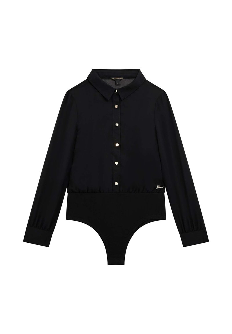 Langærmet sort bodysuit med krave-skjorte design, featuring knaplukning foran og satin-lignende tekstur, med elastisk talje og benåbninger.