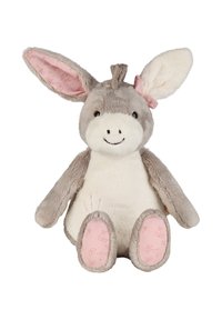 Plush donkey toy with soft gray fur, light pink inner ears, and a smiling face. Features patterned pink fabric on the feet. Round body shape.