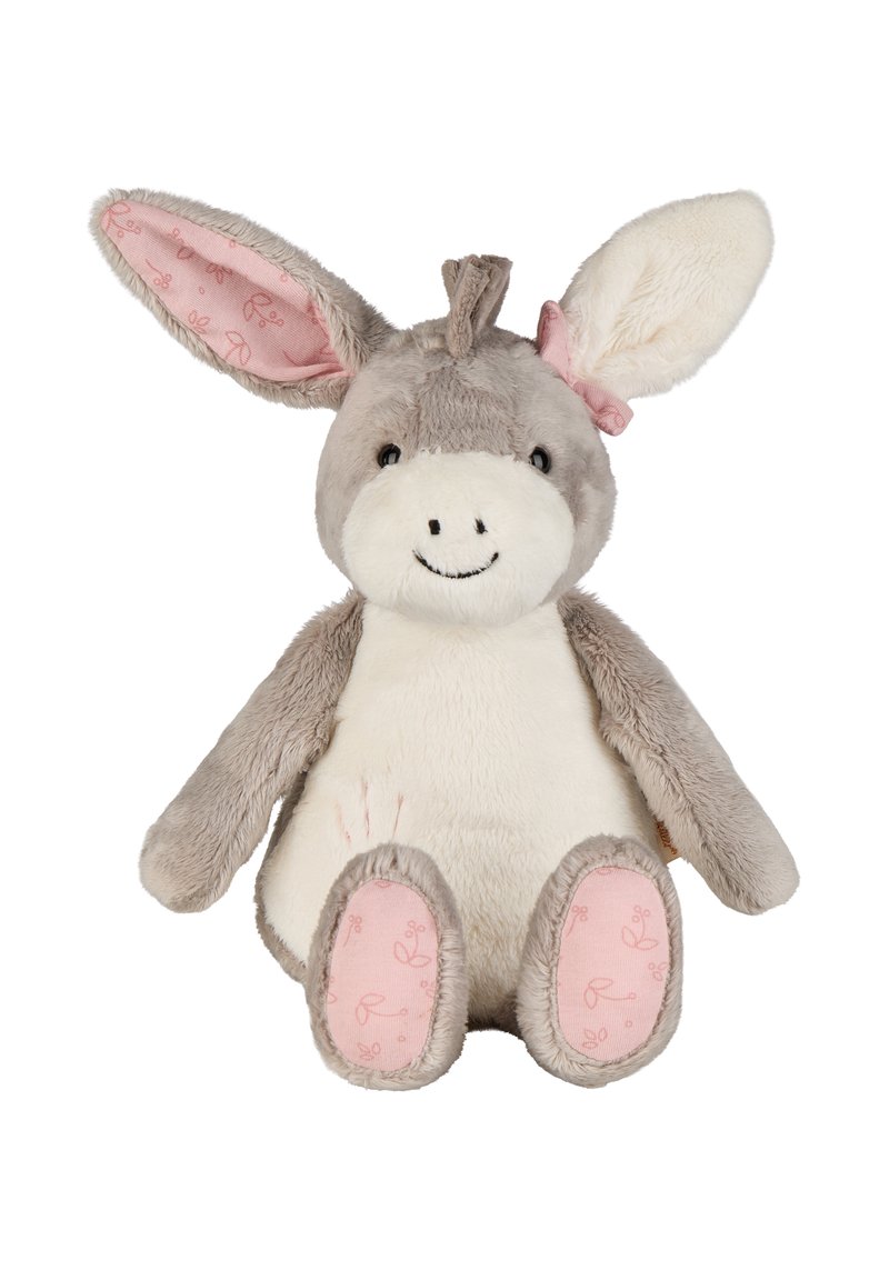 Plush donkey toy with soft gray fur, light pink inner ears, and a smiling face. Features patterned pink fabric on the feet. Round body shape.