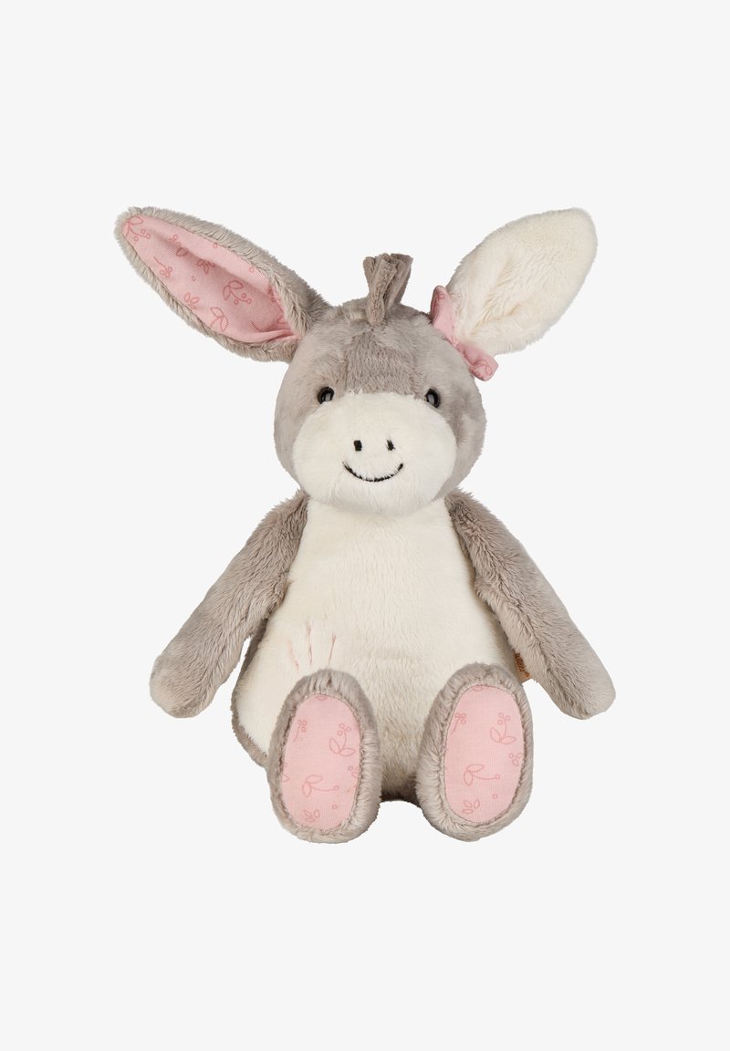Plush donkey toy with soft gray fur, light pink inner ears, and a smiling face. Features patterned pink fabric on the feet. Round body shape.