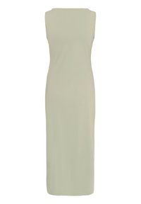 Robe midi sans manches vert olive, coupe droite et col rond, fabriquée en tissu lisse.