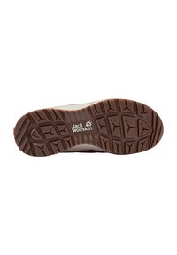 Brun gummisåle med strukturert mønster, med Jack Wolfskin-logo. Minimalistisk design i beige med en lett bue ved hælen.