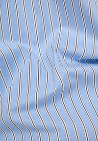 Light blue fabric with vertical white and black stripes, smooth texture, and slight drape, suitable for apparel or home textiles.