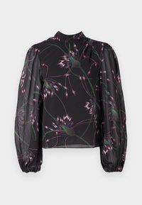 Blusa nera con maniche lunghe a sbuffo. Presenta un motivo floreale in tonalità di rosa e verde su un tessuto trasparente. Collo alto.