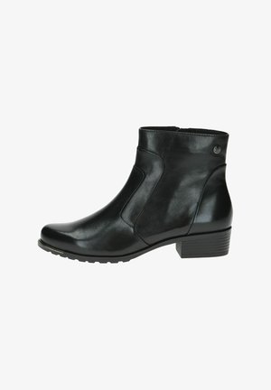 Bottes de cheville en cuir noir avec une finition lisse, bout légèrement pointu, coutures décoratives et un petit talon carré. Détail du logo sur le côté.