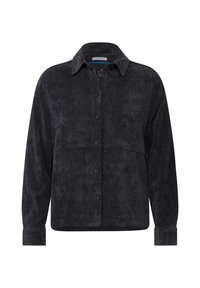 Black corduroy shirt with a pointed collar, front button closure, long sleeves, and a textured surface.