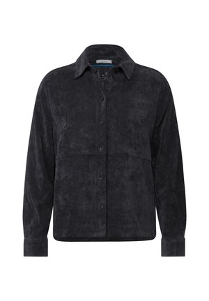 Black corduroy shirt with a pointed collar, front button closure, long sleeves, and a textured surface.