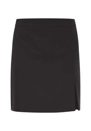 Mustas seelik siledast kangast, sirge lõikega, külje lõhiku ja ilma nähtavate kaunistuste või mustriteta.