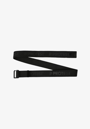 Zwarte geweven riem van duurzaam stof. Heeft een zij-release gesp en een reliëflogo patroon over de lengte. Lichtgewicht ontwerp.