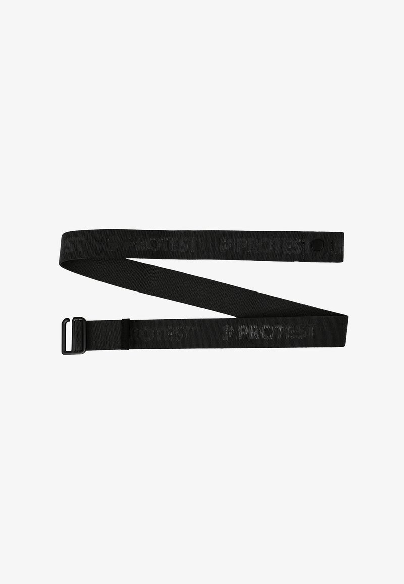 Zwarte geweven riem van duurzaam stof. Heeft een zij-release gesp en een reliëflogo patroon over de lengte. Lichtgewicht ontwerp.