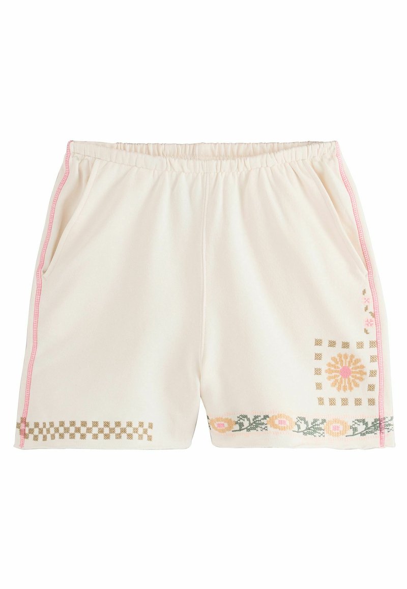 Krämfärgade shorts med resår i midjan, sidofickor och broderade blommönster i rosa, grönt och brunt längs fållen.