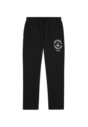 Pantaloni della tuta neri in morbido cotone, con vita elastica e cordino. Presentano una stampa grafica bianca sulla gamba sinistra.