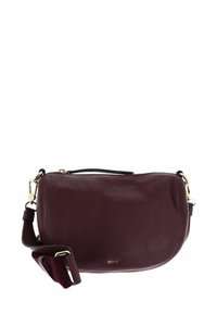 Sac crossbody en cuir texturé bordeaux foncé avec quincaillerie dorée et sangle en tissu réglable, petite inscription logo "abro" sur le devant.