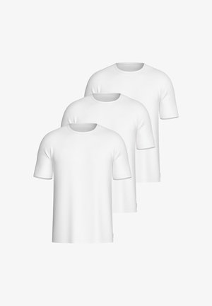 Drei schlichte weiße T-Shirts mit kurzen Ärmeln und Rundhalsausschnitt, in einem versetzten überlappenden Layout auf weißem Hintergrund angeordnet.