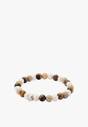 Perlenarmband mit abwechselnden runden Perlen in Braun-, Beige- und Weißtönen, darunter Tigerauge und Perlen, mit einem silbernen Verschluss.