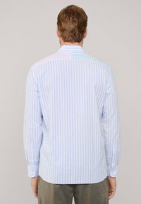 Camicia a maniche lunghe a righe blu chiaro e bianco, con colletto button-down e polsini a un bottone, caratterizzata da dettagli a blocchi di colore sul retro.