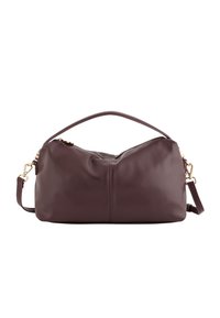 Skórzana torebka w ciemnym burgundzie, o gładkiej teksturze, zaokrąglonym kształcie, krótkim uchwycie oraz odpinanym pasku na ramię z złotymi akcentami.