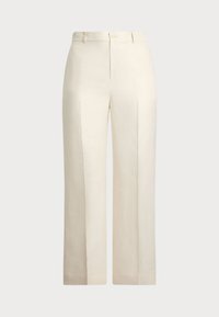 Beige vide bukser laget av lett stoff. Har en frontfold, knappelukking og to sidelommer.