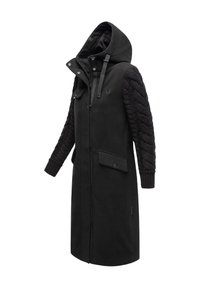 Black wool coat with a hood, featuring textured knit sleeves, front zipper, and two flap pockets. Sleek design and mid-length cut.
