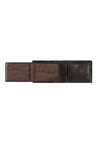 Portefeuille en cuir marron au design pliable. Comprend une fenêtre pour pièce d'identité, des emplacements pour cartes, et un intérieur lisse avec un motif de marque répété.