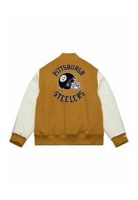 Goldweißes College-Jacke mit schwarzem Pittsburgh Steelers-Logo und Schriftzug auf der Rückseite. Weicher Stoff und gerippte Bündchen.