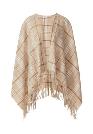 Beżowy poncho w kratę wykonane z miękkiego materiału, charakteryzujące się luźnym krojem, otwartym przodem i frędzlami wzdłuż dołu.