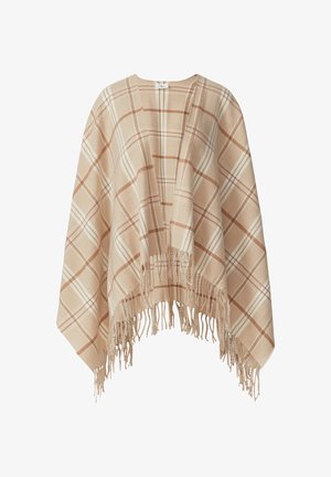 Beige geruit poncho van zachte stof, met een losse pasvorm, open voorkant en franjes langs de onderrand.