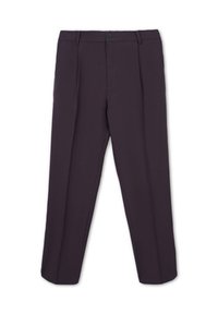 Pantalons ajustés violet foncé avec passants de ceinture, bouton avant et plis marqués le long des jambes, posés à plat sur un fond blanc.