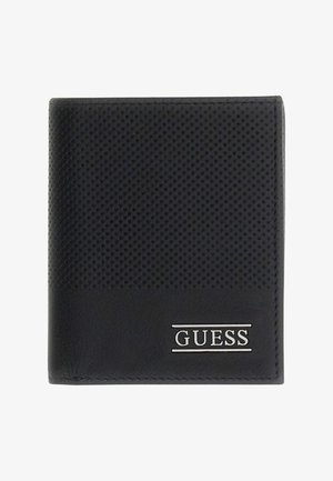 Portefeuille noir à deux volets avec texture perforée sur la partie supérieure et logo GUESS argenté en bas à droite.