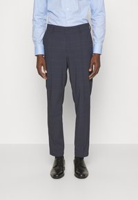 Navy checkered trousers made of fabric with a smooth texture, featuring a tailored fit, belt loops, and a button closure. Paired with black shoes.