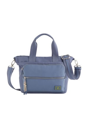 Sac à main en tissu bleu avec double poignée, bandoulière réglable, poche zippée à l'avant et tirette décorative. Il possède une étiquette de marque jaune.