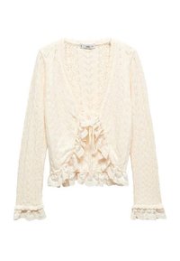Kremowy dzianinowy kardigan z dekoltem w serek, długimi rękawami oraz falbankami na dole i mankietach. Posiada teksturowany wzór i zapięcie na troczki z przodu.