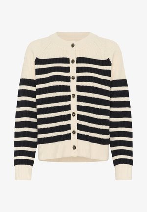 Knit cardigan featuring horizontal black and cream stripes, round collar, button front closure, and ribbed cuffs and hem.