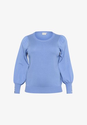 Pull bleu ciel avec un col rond et des manches longues bouffantes. Dispose de poignets côtelés, d'une légère texture et d'accents de boutons décoratifs sur les manches.