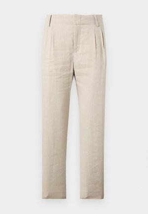 Beige tailored trousers with front pleats, side pockets, belt loops, and a straight-leg fit on a white background.