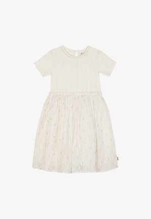 Vestido de manga corta en crema con parte superior acanalada y falda acampanada que presenta un patrón de puntos dorados. Cintura elástica para mayor comodidad.