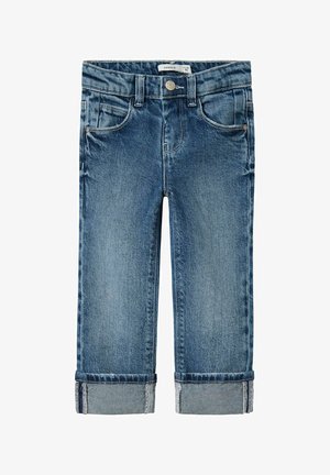 Jean en denim bleu avec une coupe droite, doté d'une fermeture à bouton, de cinq poches et d'ourlets roulés mettant en valeur un tissu contrastant.