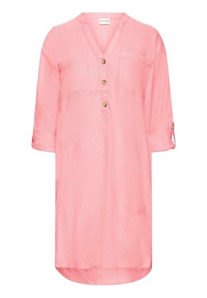 Rosa Leinenhemdkleid mit V-Ausschnitt, Dreiviertelärmeln, zwei Brusttaschen und Knopfdetails. Verfügt über einen abgerundeten Saum und aufrollbare Ärmel.