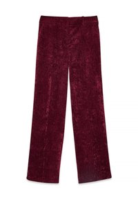 Pantalones de pierna ancha burdeos hechos de una tela suave y texturizada, con una cinturilla lisa y una silueta recta. Sin bolsillos visibles ni adornos.