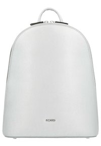 White leather backpack with a smooth texture and rounded top. Features a zip closure and a small logo at the bottom. Adjustable straps.