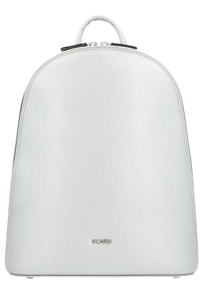 White leather backpack with a smooth texture and rounded top. Features a zip closure and a small logo at the bottom. Adjustable straps.