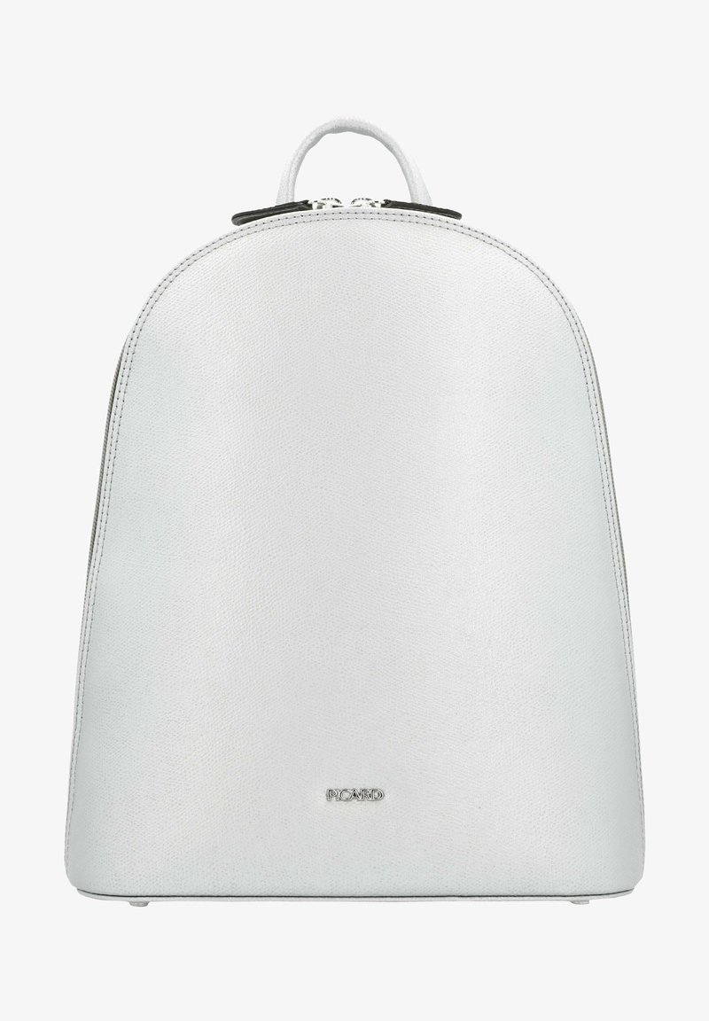 White leather backpack with a smooth texture and rounded top. Features a zip closure and a small logo at the bottom. Adjustable straps.