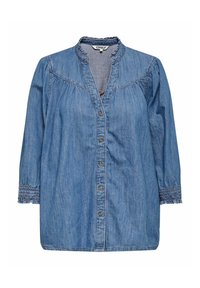 Blusa di jeans azzurro chiaro con parte anteriore a bottone, dettagli arricciati e polsini elasticizzati. Presenta un collo a camicia e una texture morbida.