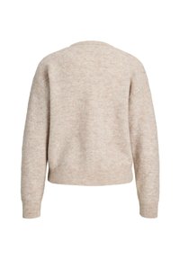 Beige, kort tröja med mjuk textur, rund hals och långa ärmar. Baksidan har en enkel, nakne design.