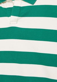 Maillot de rugby rayé horizontal vert et blanc avec col et patte de boutonnage partielle, en tissu doux.