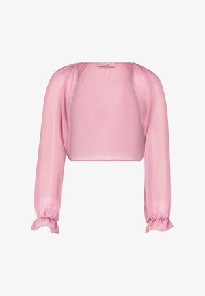 Pink cropped blouse with long, sheer sleeves and gathered cuffs. Smooth, lightweight fabric and open front design.