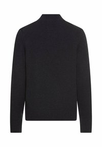 Dunkelgrauer Strickpullover mit hohem Kragen, gerippten Bündchen und Saum. Glatte Textur und taillierte Passform, ohne sichtbare Muster.