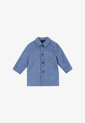 Blauer Wollmantel mit vier schwarzen Knöpfen, zwei schrägen Fronttaschen, langen Ärmeln und einem strukturierten Kragen.