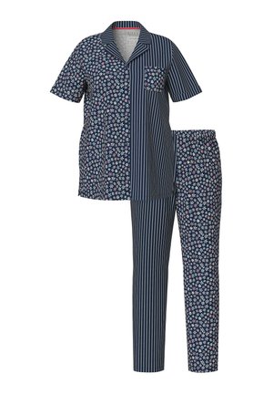 Set di pigiama blu navy composto da una maglietta a maniche corte con motivi floreali e righe, e pantaloni coordinati con vita elastica.
